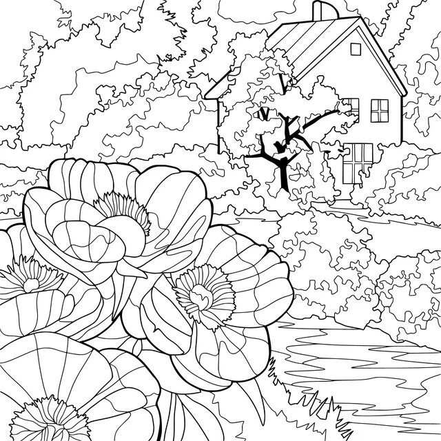 Rural Cottage Surrounded by Flowers