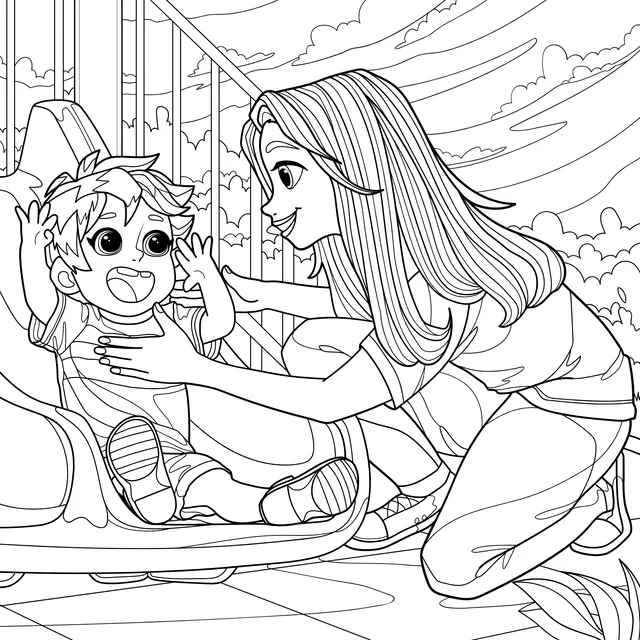 Mother accompanies child on the slide