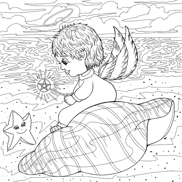 Little angel and star - fish on the beach