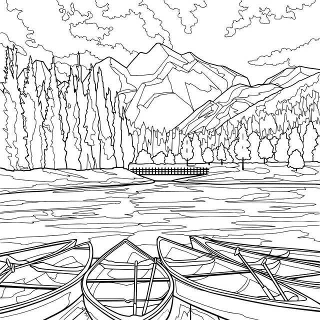 Colorful Canoes by the Lakeside and Mountain Scenery