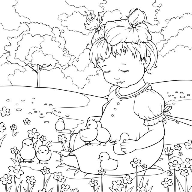 Little Girl and Yellow Ducklings