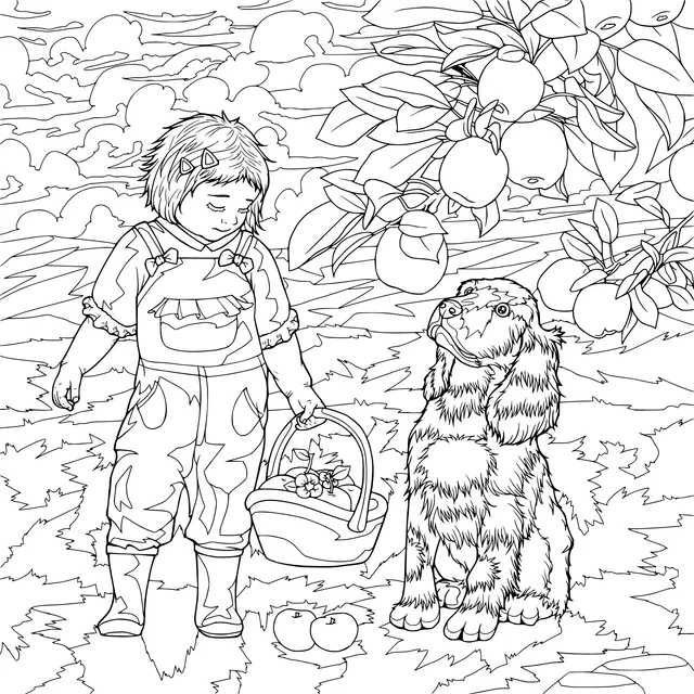 Girl and Dog in an Apple Orchard