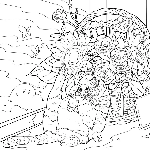 A leisurely cat beside the flower - cluster