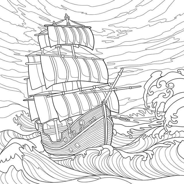 Sailing ship navigating through the waves