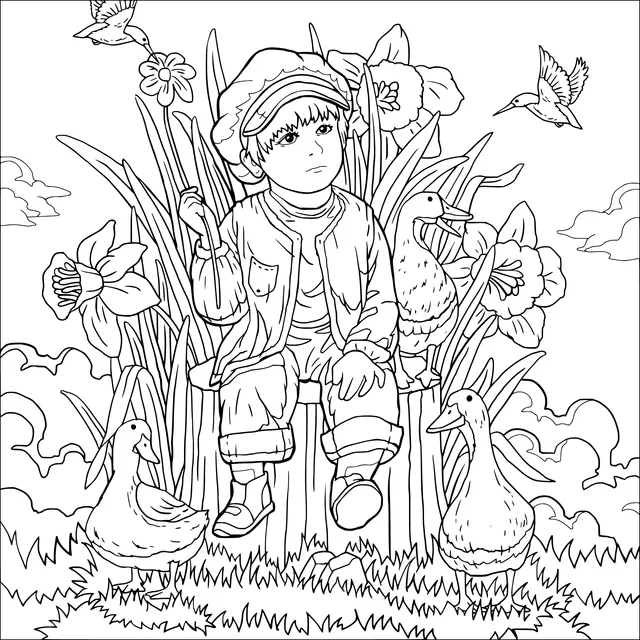 Boy sitting on a stump with ducks and flowers