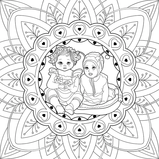 Two children in a mandala pattern