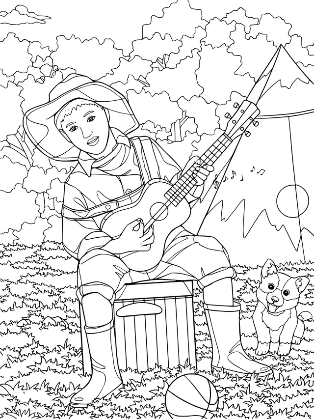 Person playing the guitar while camping