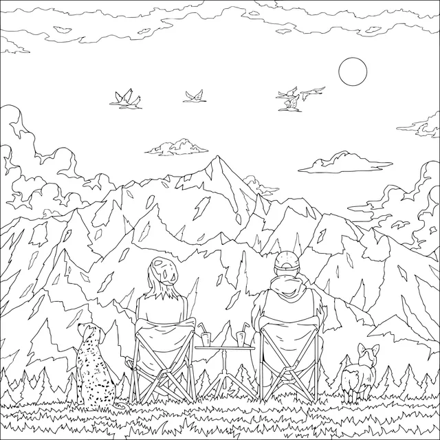Two people and two dogs enjoying the mountain view together