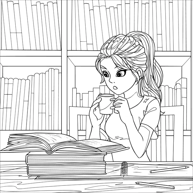 Girl reading and drinking coffee in the library