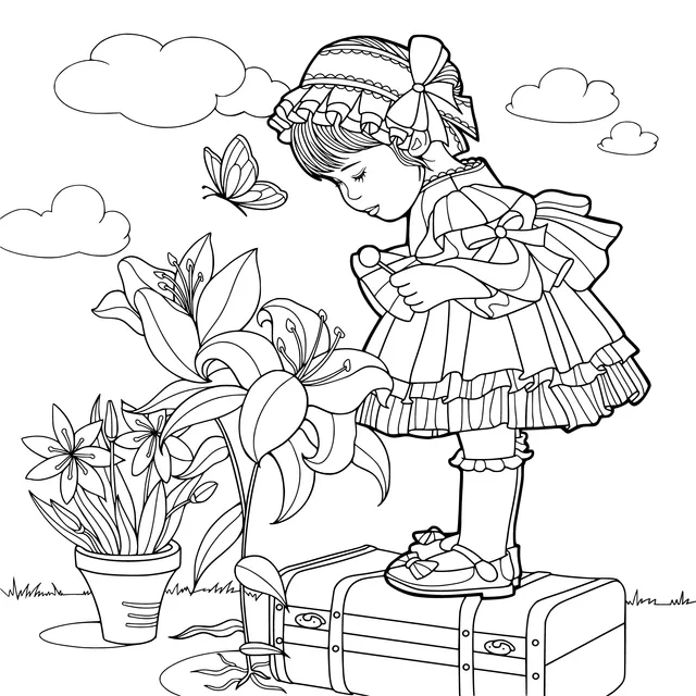 Girl Admiring Flowers