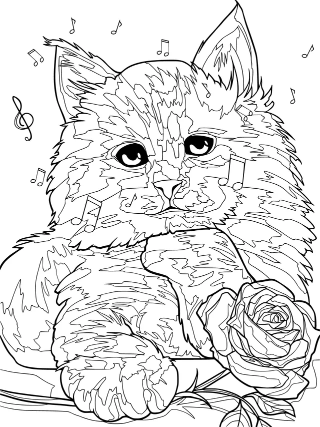 Kitten with a rose and musical notes