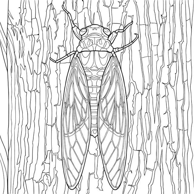 Colorful Cicada on Tree Trunk