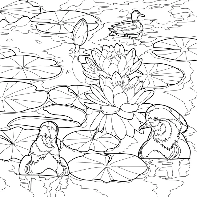 Mandarin Ducks and Water - lilies in the Pond