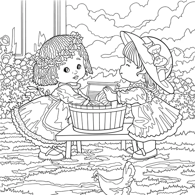 Two little girls organizing items in a basket outdoors