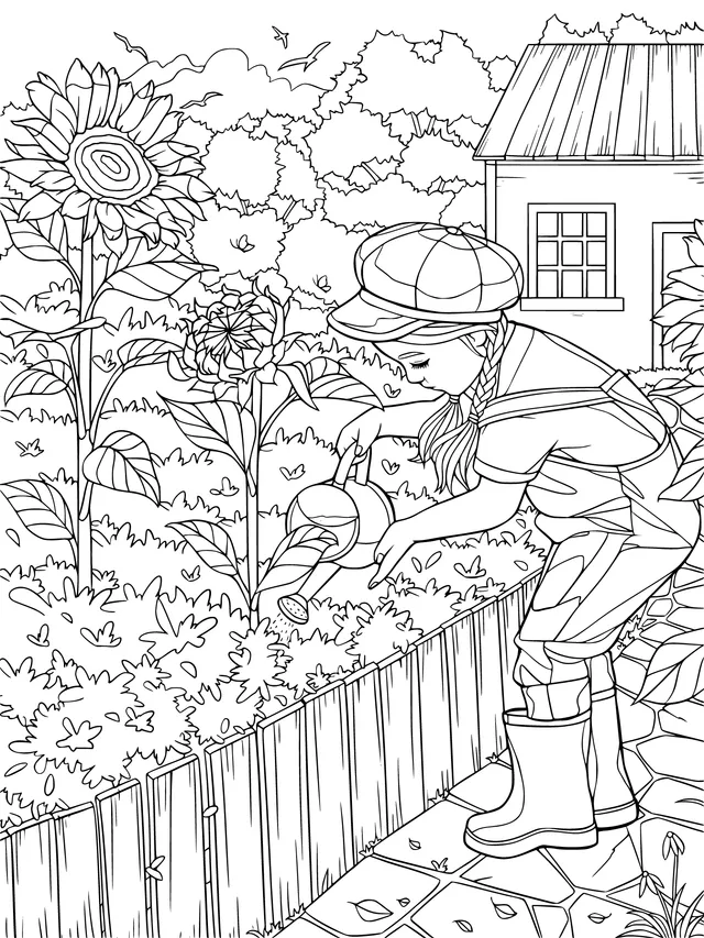 Girl watering flowers in the garden