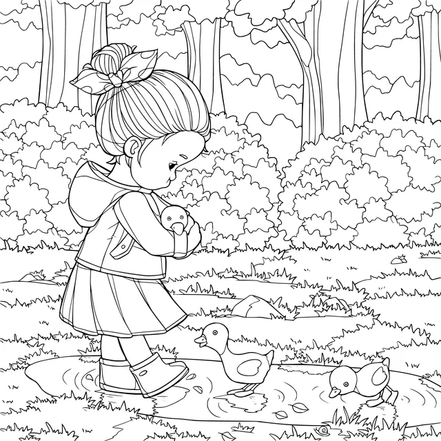 Girl and ducklings in the forest