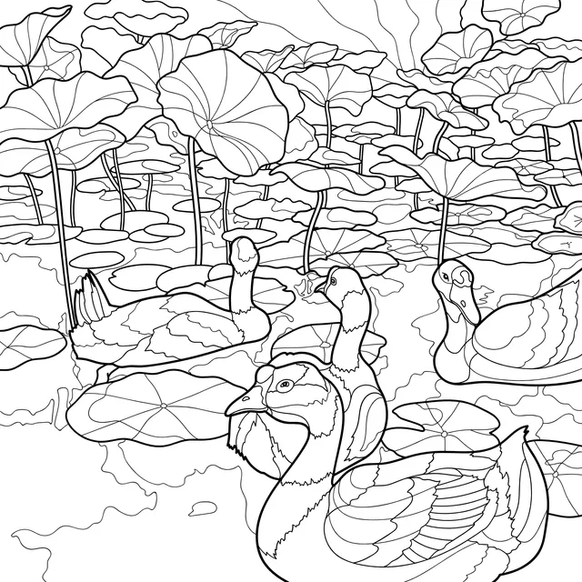 Flock of Geese in Lotus Pond