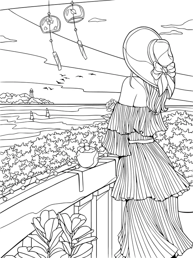 Woman in purple gazing at the sea view