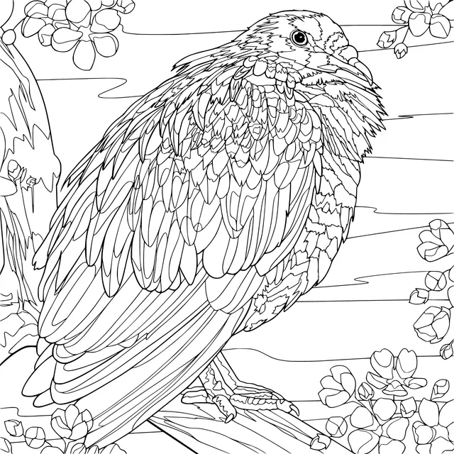 Colorful - feathered Bird on Flowering Branch