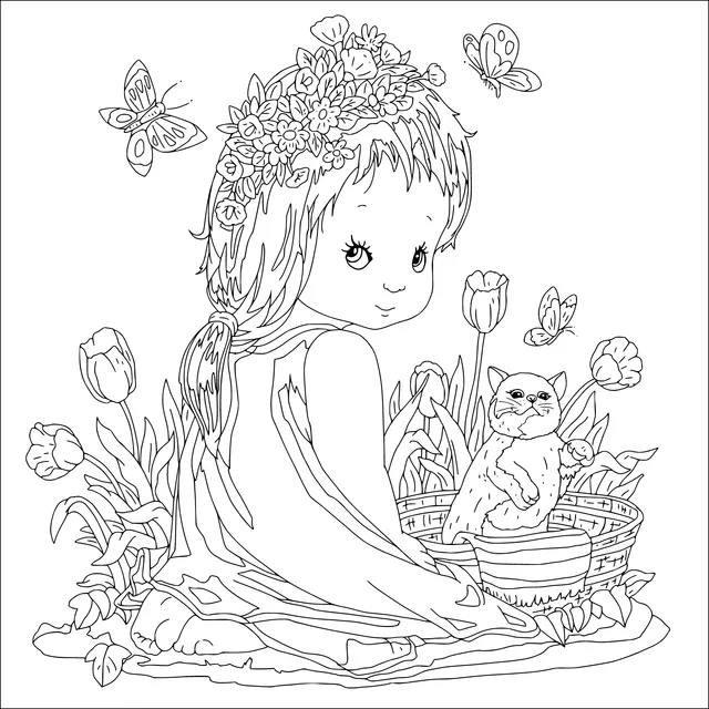 Girl and Kitten among Flowers