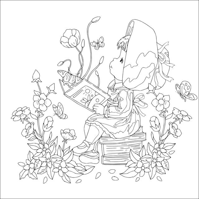Little girl reading among flowers