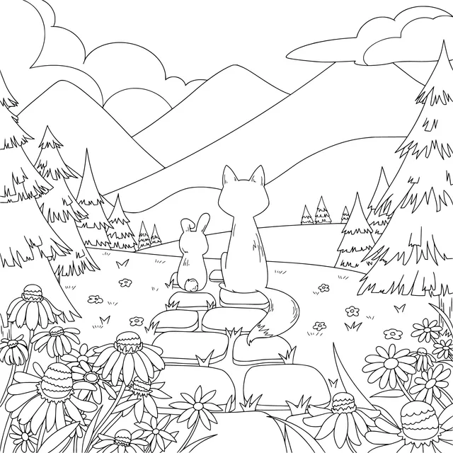 Fox and Rabbit Enjoying the Mountain View