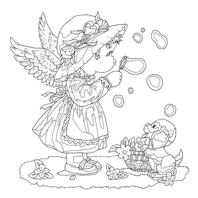 Little winged girl blowing bubbles