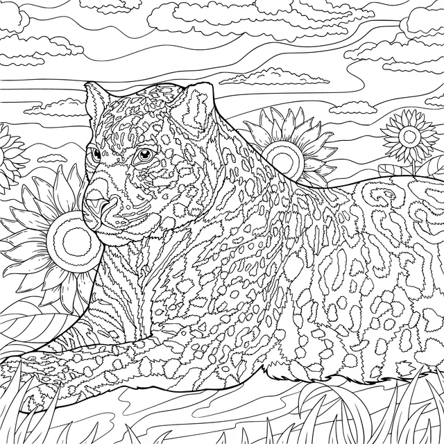 Jaguar Resting beside Sunflowers