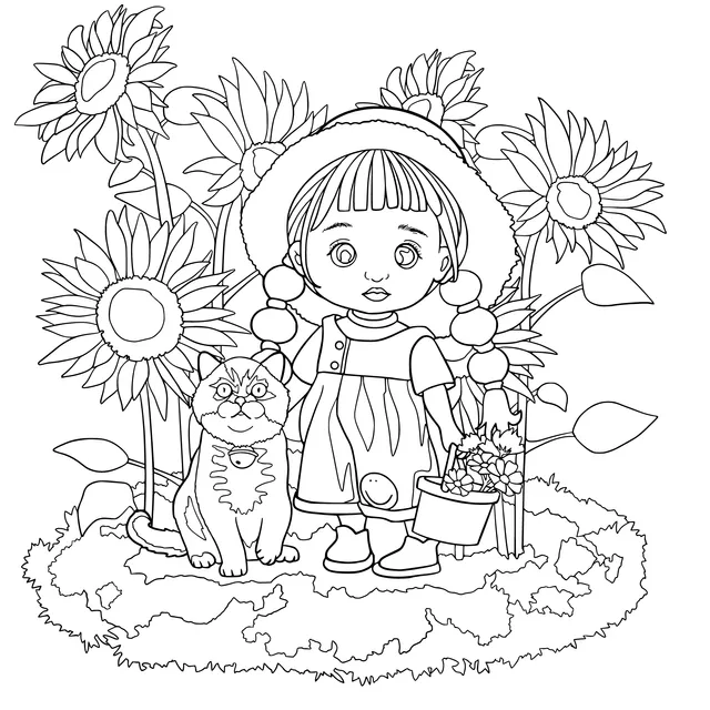 A Girl and a Cat in a Sunflower Field