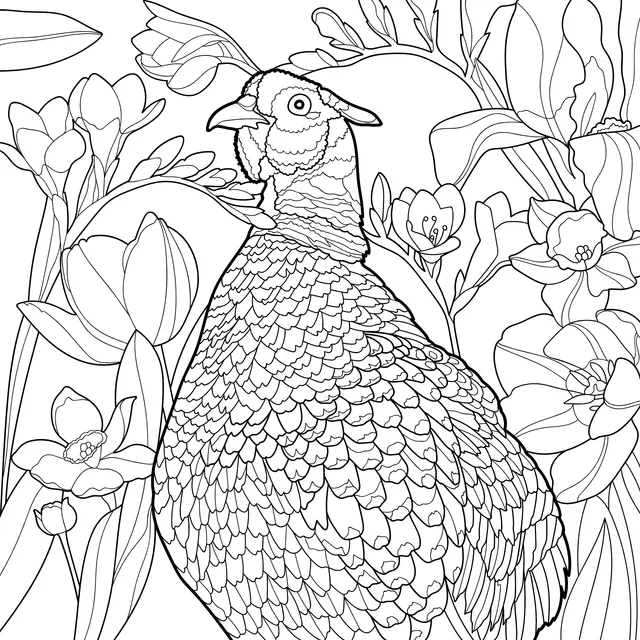 Colorful Pheasant among Flowers