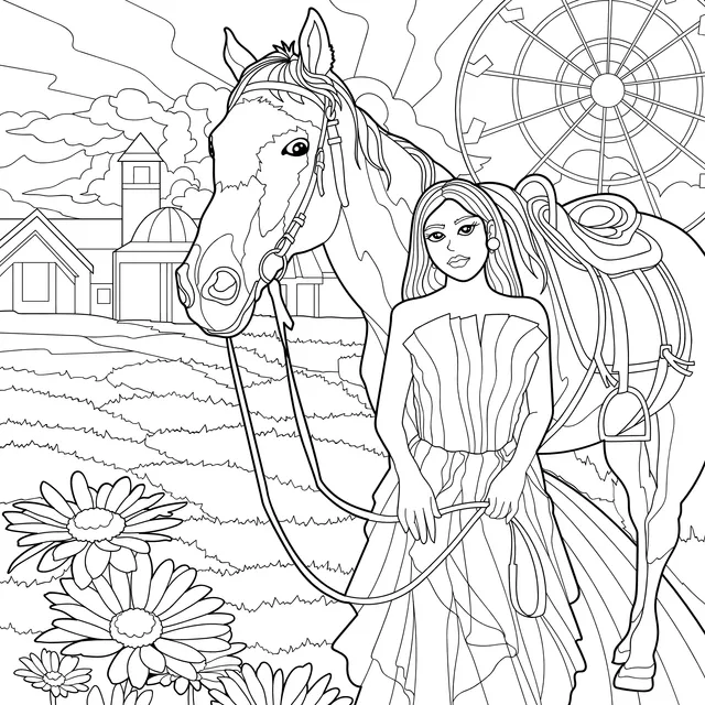 Girl and horse beside the amusement park