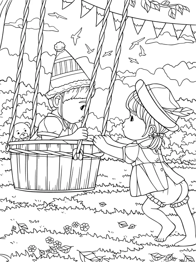 Girl pushing a boy on a swing