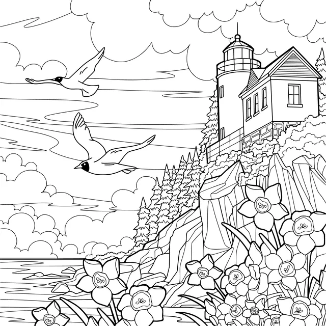 Seaside Lighthouse with Flying Birds and Blooming Flowers