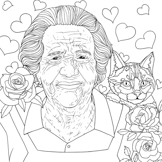 Old woman with cat and roses