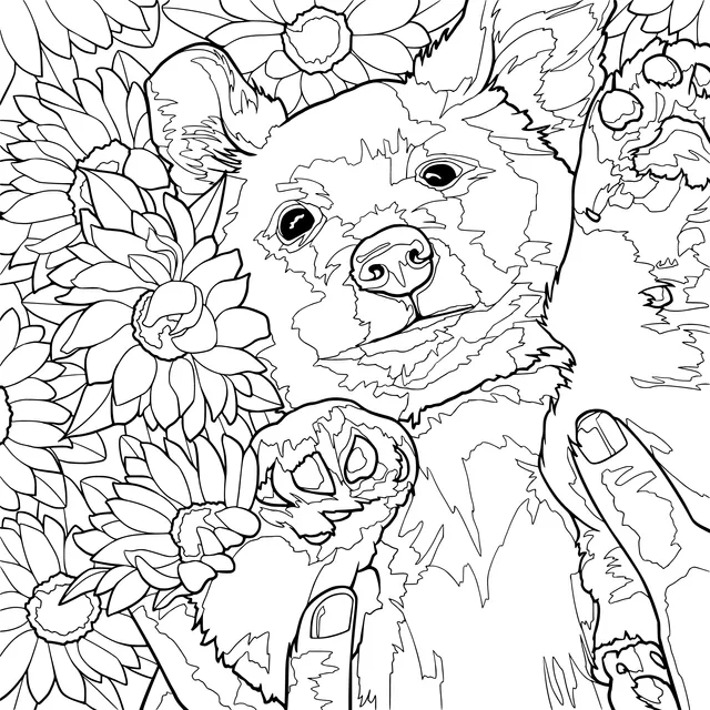 Puppy held in hands with sunflowers
