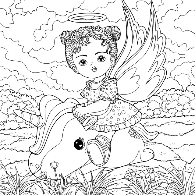 Little angel riding a unicorn