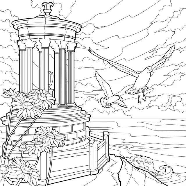 Flower - laden Pavilion by the Seashore with Flying Birds