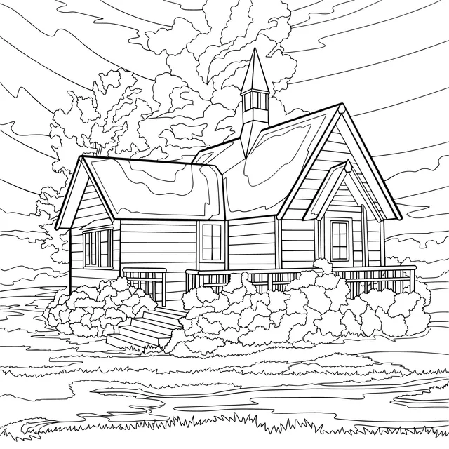 Wooden House under the Setting Sun