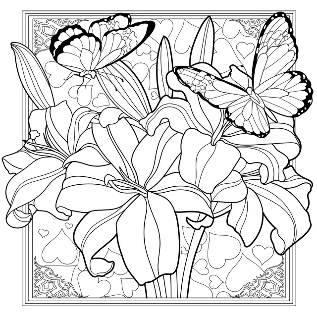 Illustration of lilies and butterflies