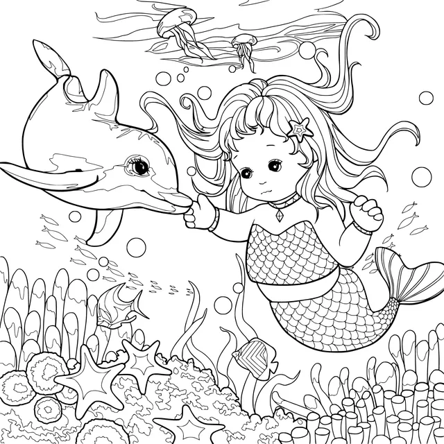 A Little Mermaid's Underwater Encounter with a Dolphin