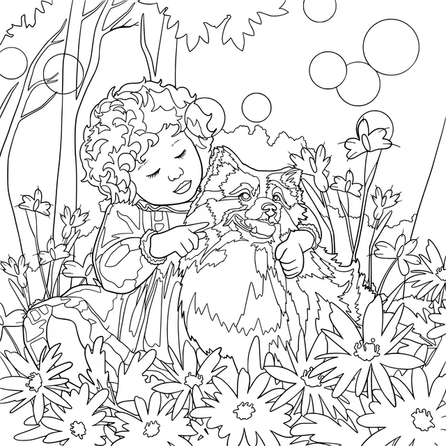 A Heart - warming Moment between a Child and a Dog in the Flower Bed