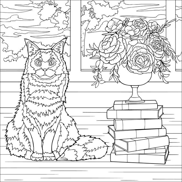 Cat, Books and Flowers