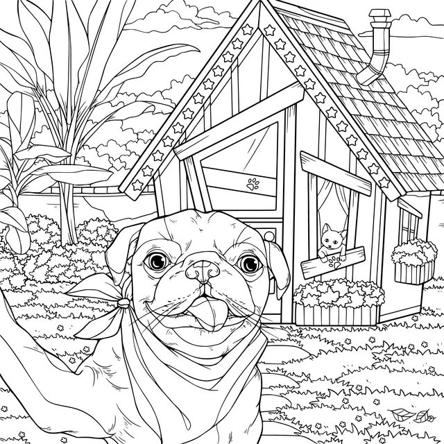 Pug in front of a pink cottage
