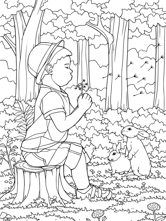 Boy and Rabbits in the Forest