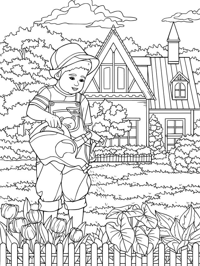 Child watering flowers in the garden