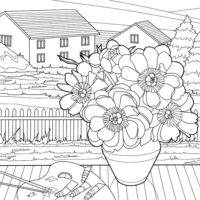Colorful flowers in a vase beside an outdoor easel