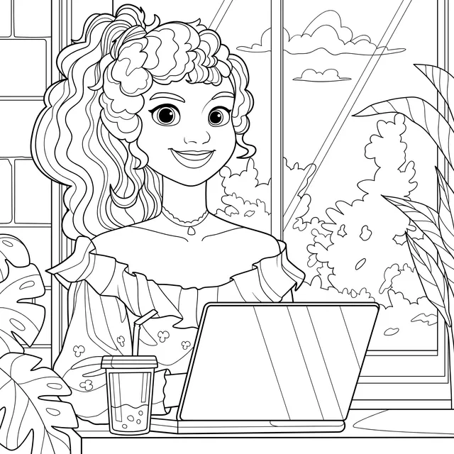 Lady using a laptop by the window