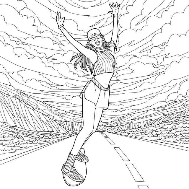 Vibrant Girl Skateboarding on the Road