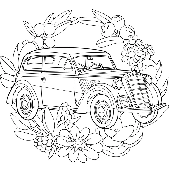 Vintage Car Surrounded by Flowers