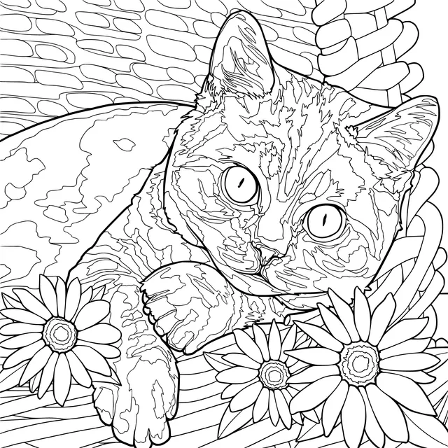 Cat and Sunflowers in a Basket